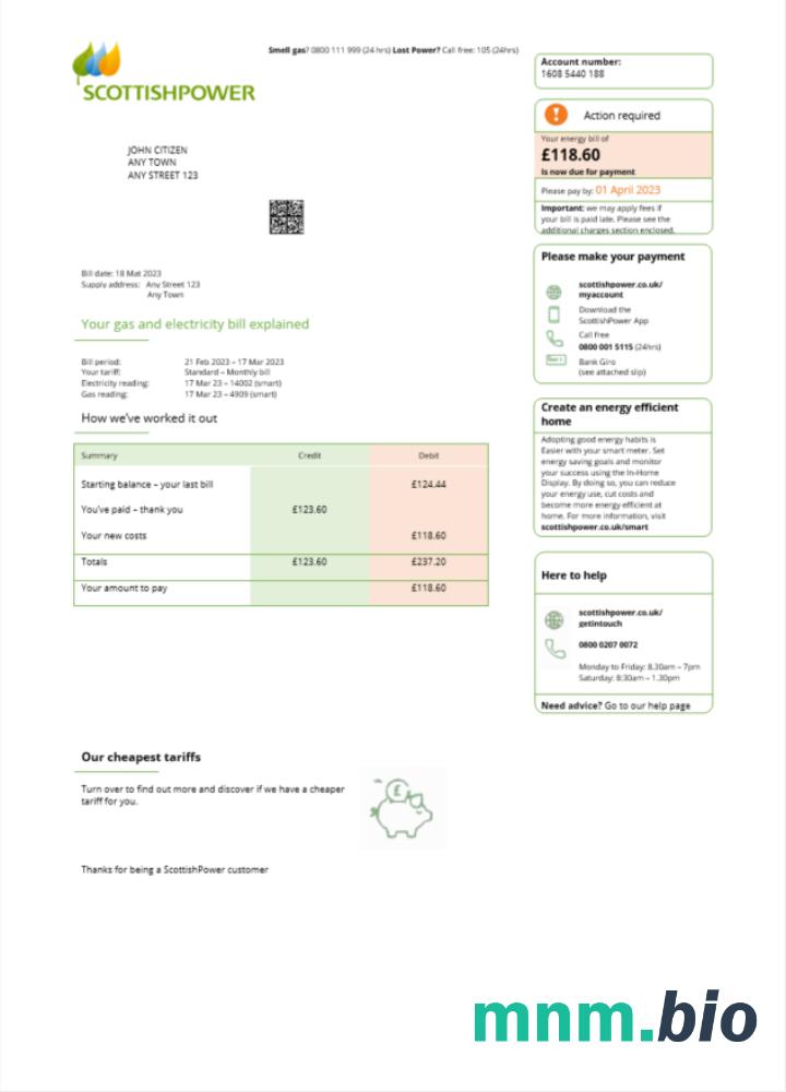 United Kingdom Scottish Power rachunek za media Word i PDF template scr